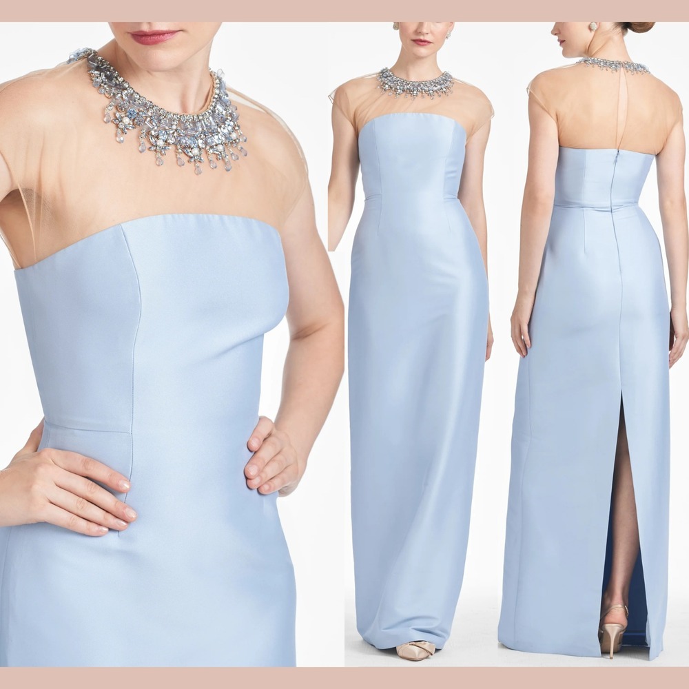 NWT $995 Sachin & Babi [ 6 ] Irina Crystal Collar Mikado Gown Glacial Blue J2140